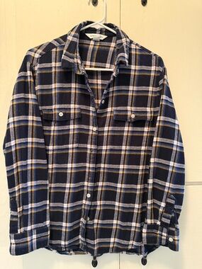 Old Navy Navy Plaid Button-Down Shirt with Yellow Stripes